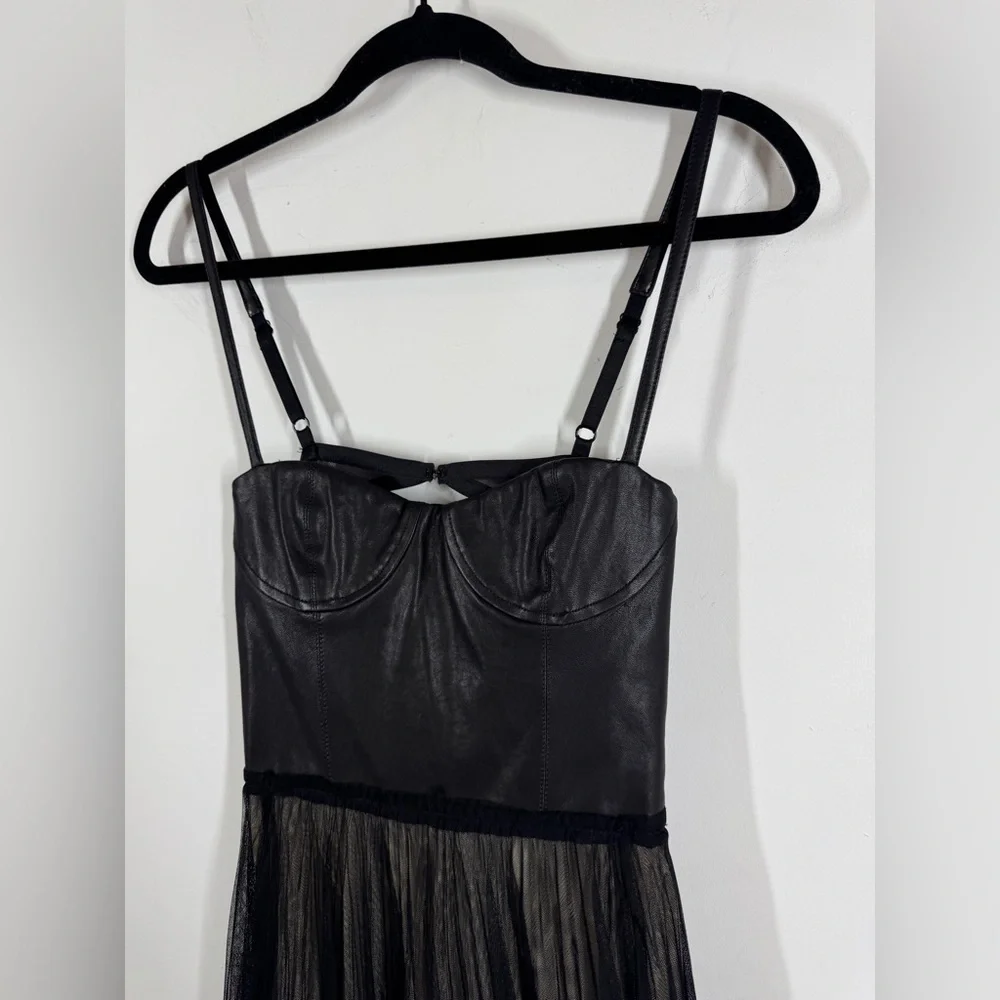 Alice + Olivia Leather Tulle Dress Black Fit Flare Party Mini Size 6 Dark Goth - Picture 4 of 15